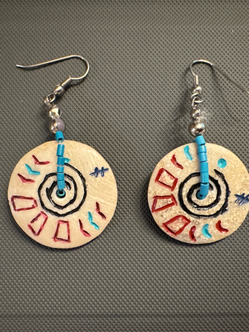 Vintage Handpainted Circular Dangle Earrings with Turquoise Beads